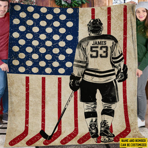 Personalized Hockey Boy American Flag Blanket - Gift For Hockey Lovers