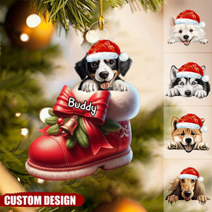 Cute Dog Puppy Pet On Christmas Boots Shoes Personalized Acrylic Ornament