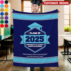 Personalized Multicolor Graduation Hat Soft Fleece Blanket with Year School Name and Warm Text Class of 2025 Gift for Graduate