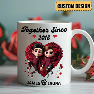 Together Since-Personalized Rose Heart Couple Mug, Anniversary Gift For Couple