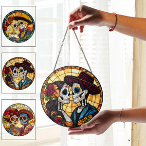 Day of the Dead Sugar Skull Stained Suncatcher Ornament - Gift For Couple