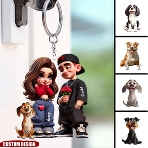 Personalized Y2K Couple With Dog Acrylic Keychain - Anniversary Gift For Wife,Husband,Dog Lovers