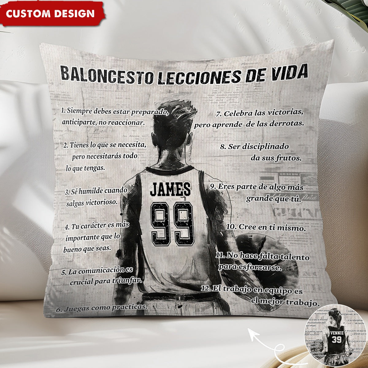 Almohada personalizada con lecciones de vida sobre baloncesto - regalo para los amantes del baloncesto