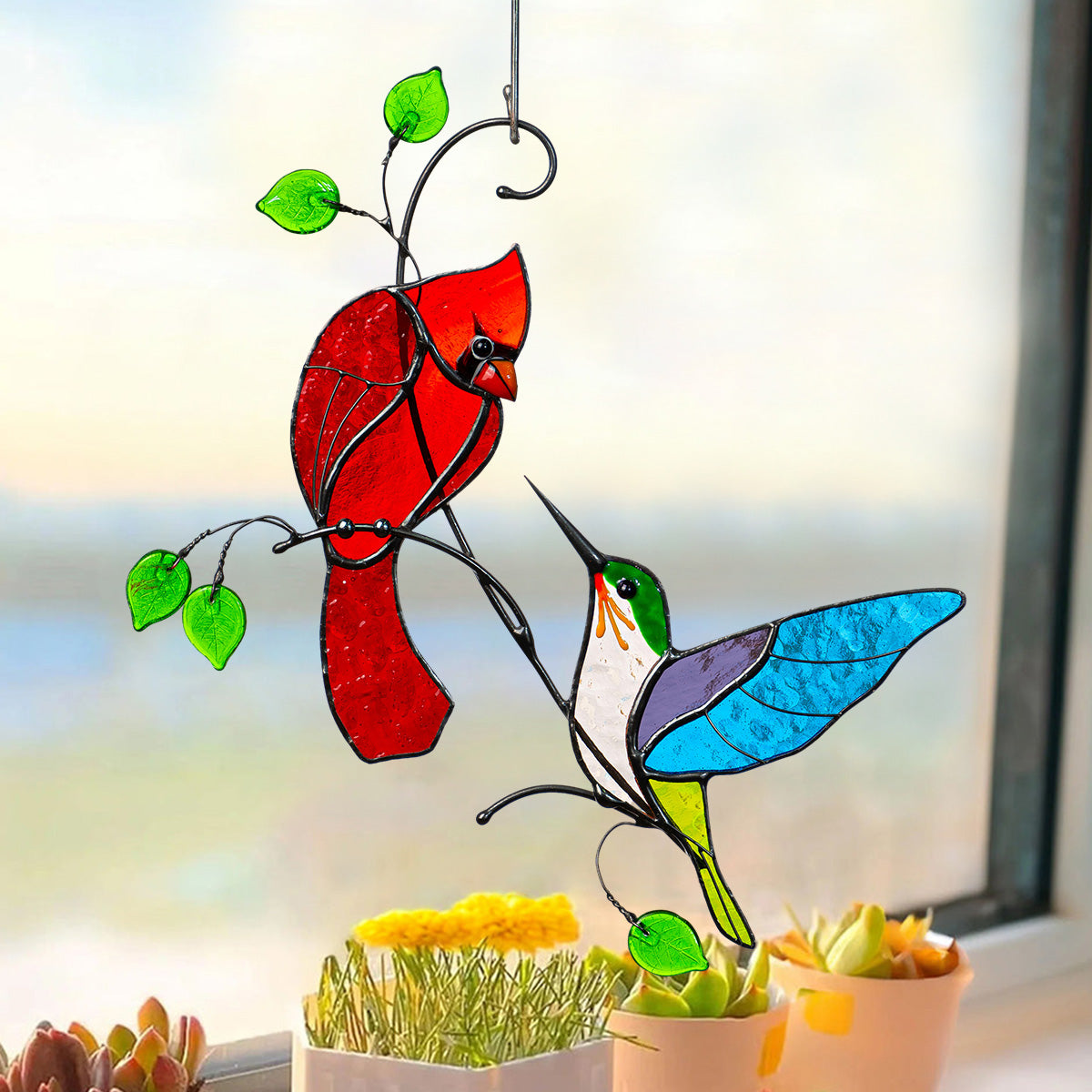 Hummingbird Stained Memorial Window Hanging Suncatcher Ornament Gift For Bird Lovers