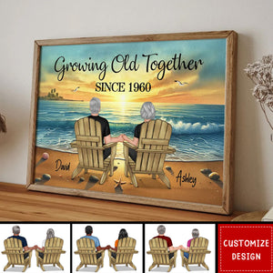 Old Couple Sitting Together Sunset Beach Landscape Personalized Poster-Gift For Couple