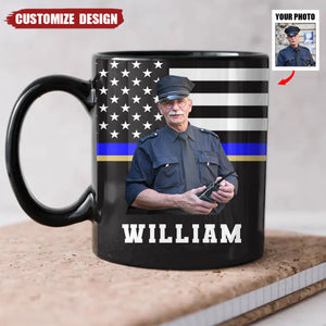 Personalized US Police US Flag Blue Line Black Mug