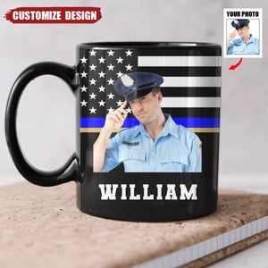 Personalized US Police US Flag Blue Line Black Mug