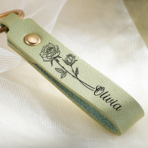 Personalized Birth Flower Leather Keychain - Gift Idea for Mother's Day/Birthday