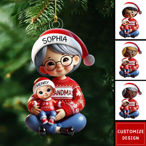 Grandma Grandkids Sitting Crossed Legs Personalized Christmas Ornament-2024 New Release