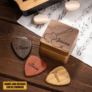 Personalized Wooden Guitar Storage Case and Picks with Engraved Text Gift for Guitar Lover