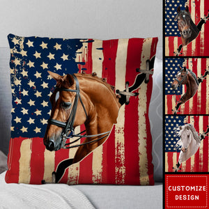 Personalized America Flag Horse Pillow - Gift For Horse Lovers