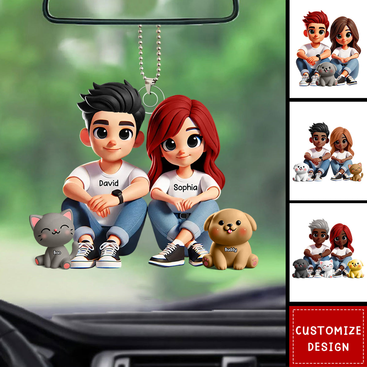 Cute Couple And Dogs Cats Personalized Car Ornament-Gift For Couple