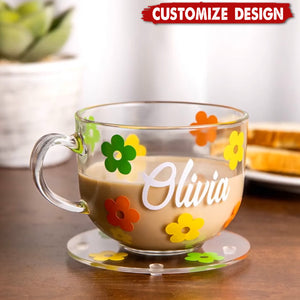 Personalized Flower Glass Coffee Cup Set with Name