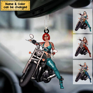 Custom Personalized Witch Biker Acrylic Car Ornament - Halloween Gift Idea For Bikers