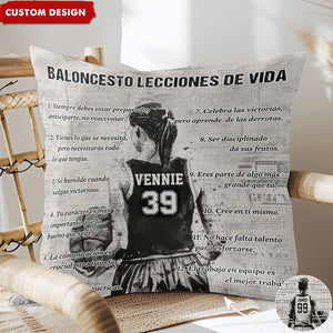 Almohada personalizada con lecciones de vida sobre baloncesto - regalo para los amantes del baloncesto