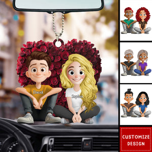 Couple With Rose Heart - Personalized Acrylic Car Ornament-Gift For Couple