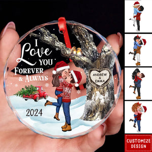 Couple Hugging Kissing Carved Heart Tree Personalized Glass Ornament - 2024 New Release