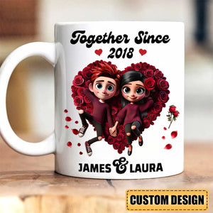 Together Since-Personalized Rose Heart Couple Mug, Anniversary Gift For Couple