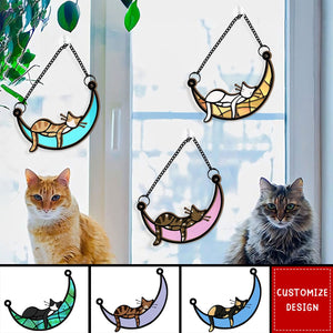 Sleeping Cat / Dog On Moon - Personalized Window Hanging Suncatcher Ornament