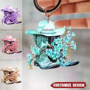 Personalized Boots And Hat With Flower Cowgirl / Cowboy Keychian