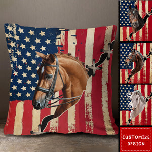 Personalized America Flag Horse Pillow - Gift For Horse Lovers