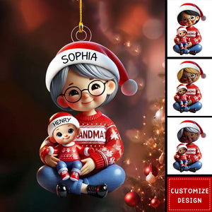 Grandma Grandkids Sitting Crossed Legs Personalized Christmas Ornament-2024 New Release