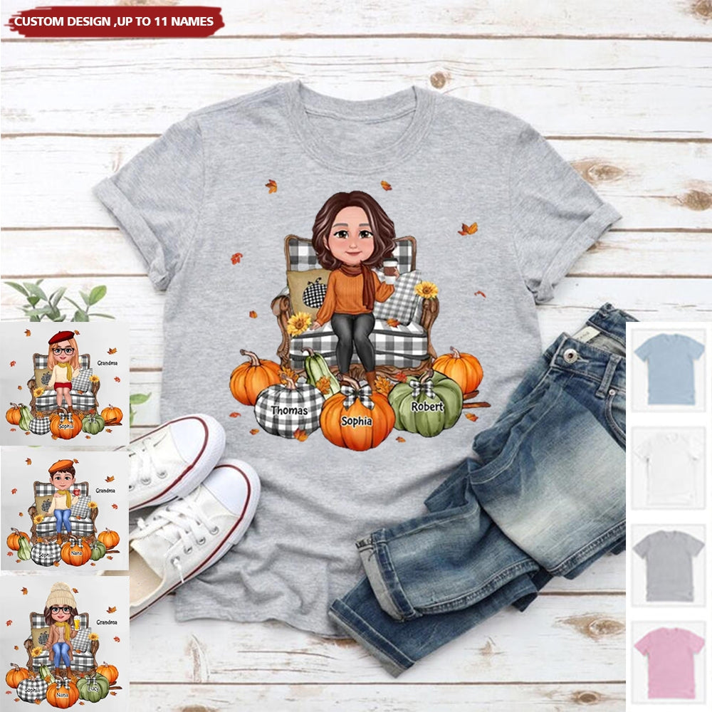 Grandma Sitting On Chair Pumpkins Personalized Shirt - Gift For Grandma