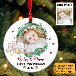 Baby - Baby Elephant First Christmas - Personalized Circle Ornament