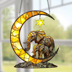 Elephant Family & Moon Suncatcher, Gift for Wildlife Enthusiasts and Elephant Lovers