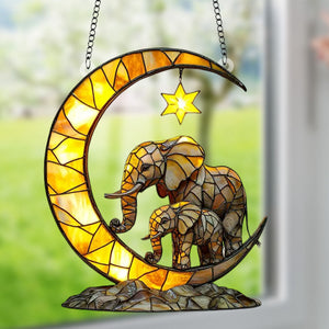 Elephant Family & Moon Suncatcher, Gift for Wildlife Enthusiasts and Elephant Lovers