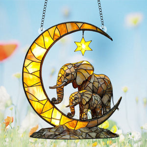 Elephant Family & Moon Suncatcher, Gift for Wildlife Enthusiasts and Elephant Lovers