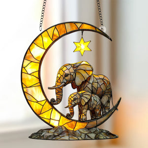 Elephant Family & Moon Suncatcher, Gift for Wildlife Enthusiasts and Elephant Lovers