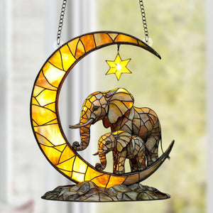 Elephant Family & Moon Suncatcher, Gift for Wildlife Enthusiasts and Elephant Lovers