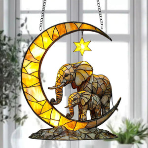 Elephant Family & Moon Suncatcher, Gift for Wildlife Enthusiasts and Elephant Lovers