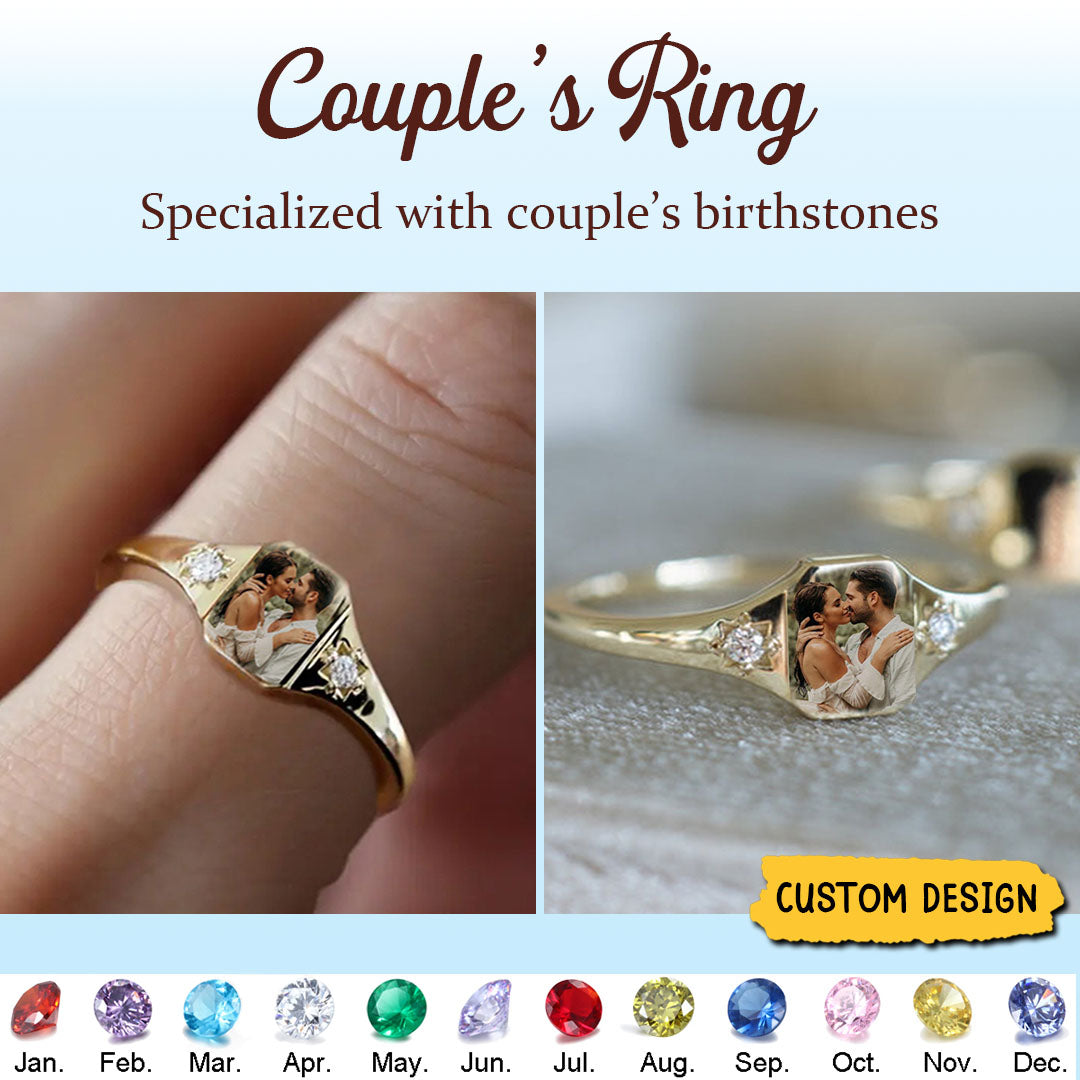 Custom Photo Personalized Rings With 2 Birthstones, Gift for Couple, Family