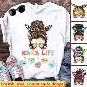 Leopard Messy Bun Nana Mom Life Colorful Heart Kids Personalized Shirt