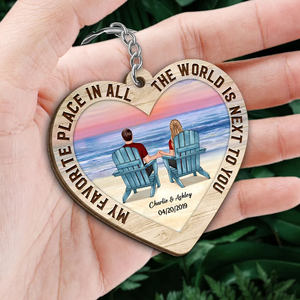 Couple Back View At Beach Personalized Heart Shaped Wooden Keychain