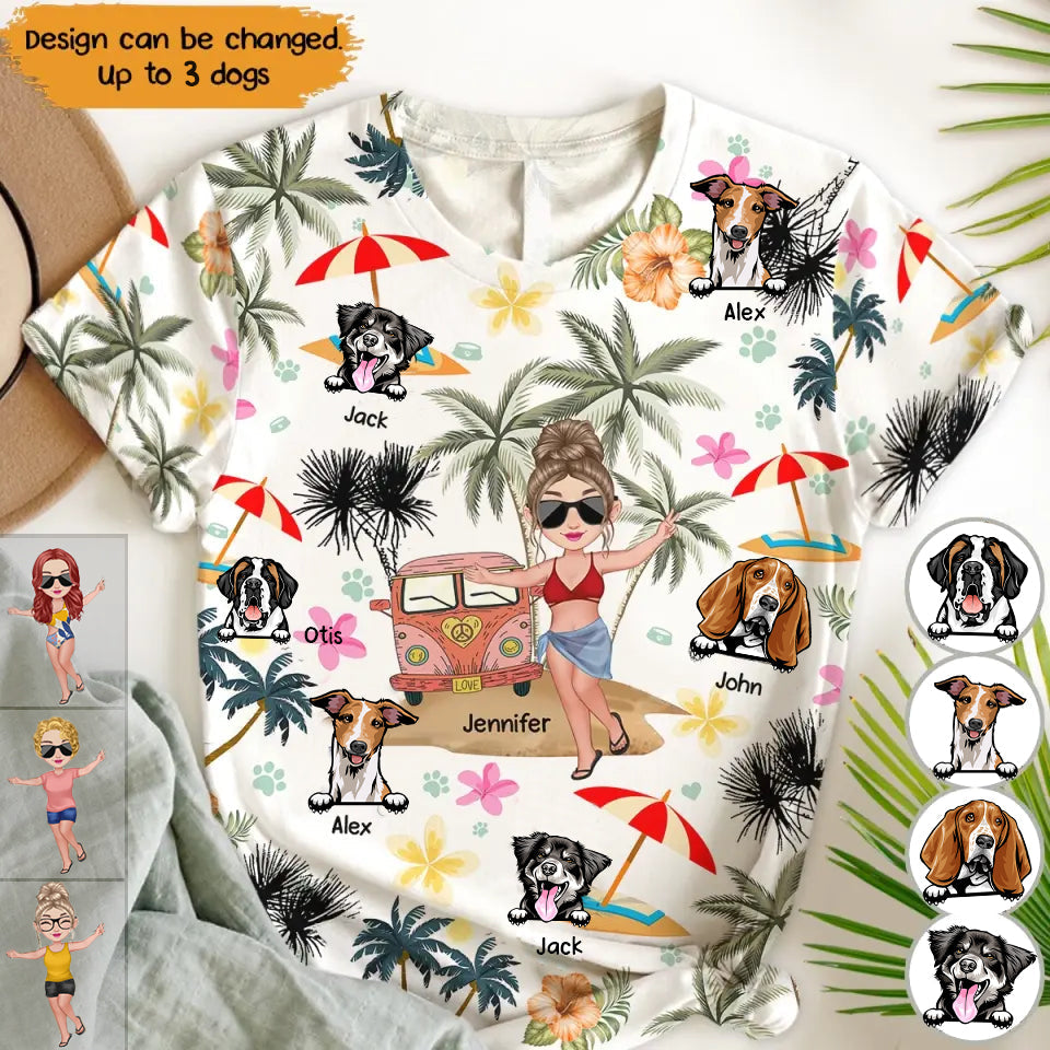 Personalized Beach Girl & Dogs T-shirt-Gift For Dog Lover