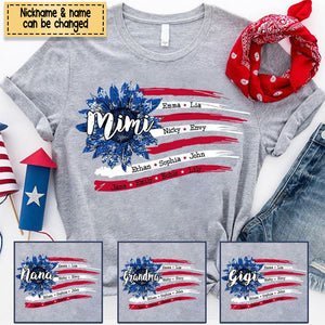 Personalized Grandma with Grandkids Sunflower American Flag T-Shirt