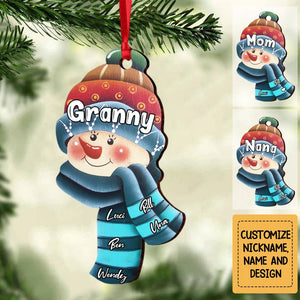 Cute Christmas Snowman Grandma With Grandkids Name Personalized Wood Custom Shape Ornament