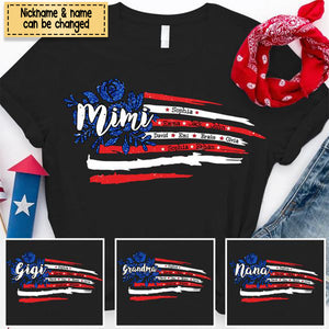 Personalized Grandma with Grandkids Sunflower American Flag T-Shirt