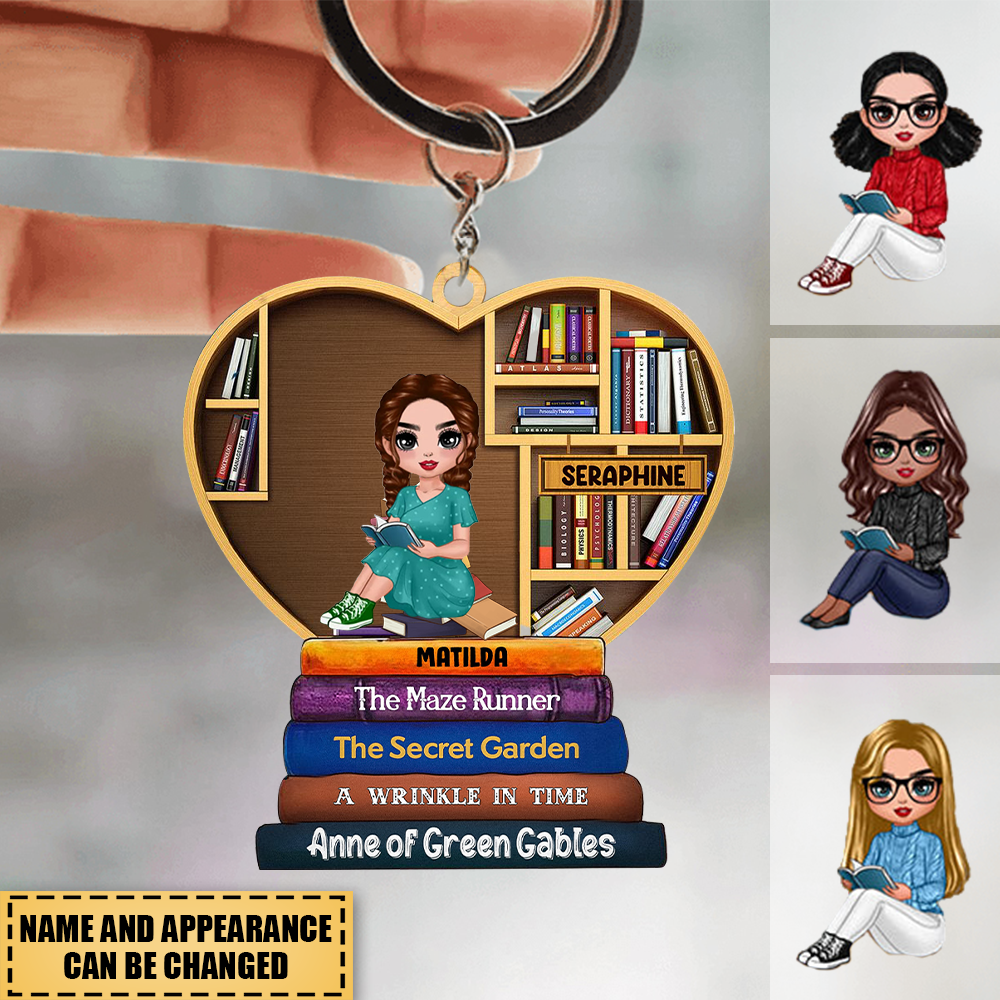 Girl Under Book Christmas Tree - Personalized Custom Shaped Acrylic Keychain