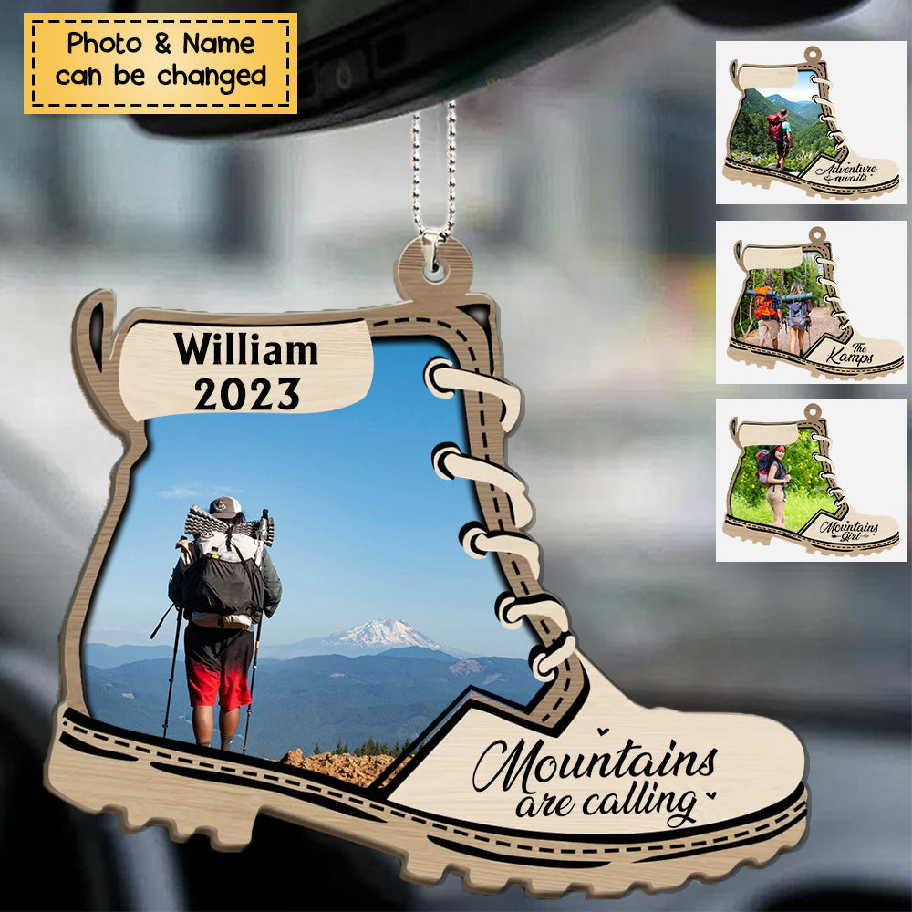 Mountains Are Calling - Personalized Photo Upload Gifts Wooden Car Ornament for Hiking Lovers