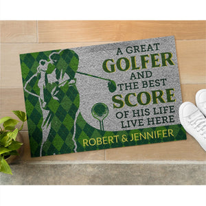 Personalized Golf Plaid Golfer Best Score Live Doormat