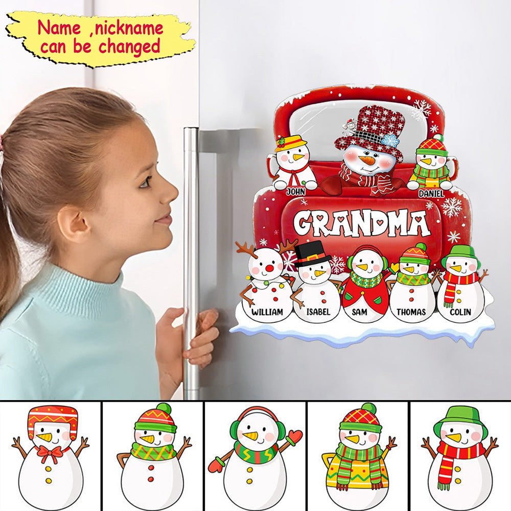 Personalized Christmas Grandma/Mom Snowman On Red Truck With Grandkids/Kids Sticker Decal