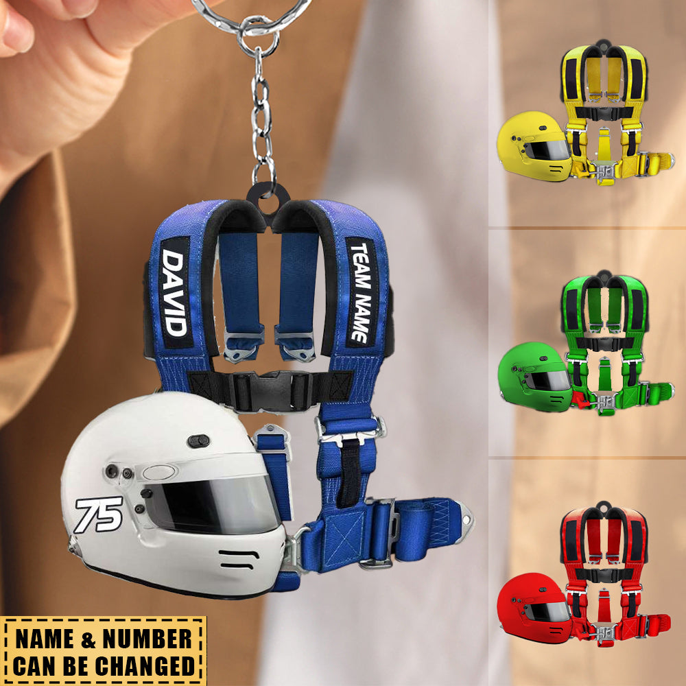 New Release - Racing Seat Belt And Helmet Personalized Acrylic Keychain, Gift For Racing Lovers