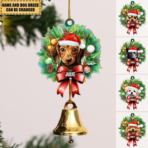 Dog with Christmas Hat - Acrylic Christmas Ornament with Ring Bell